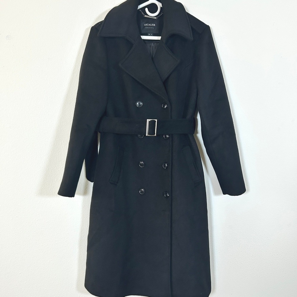 Escalier Womens‎ Double Breasted Wool Blend Trench Coat I Black Belted I Size S